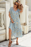 Blue Floral Round Neck A Line Long Summer Dress with Short Sleeves