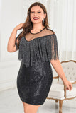 Sparkly Black Sequins Illusion Neck Short Plus Size Cocktail Dress with Fringes