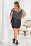 Sparkly Black Sequins Illusion Neck Short Plus Size Cocktail Dress with Fringes