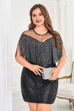 Sparkly Black Sequins Illusion Neck Short Plus Size Cocktail Dress with Fringes