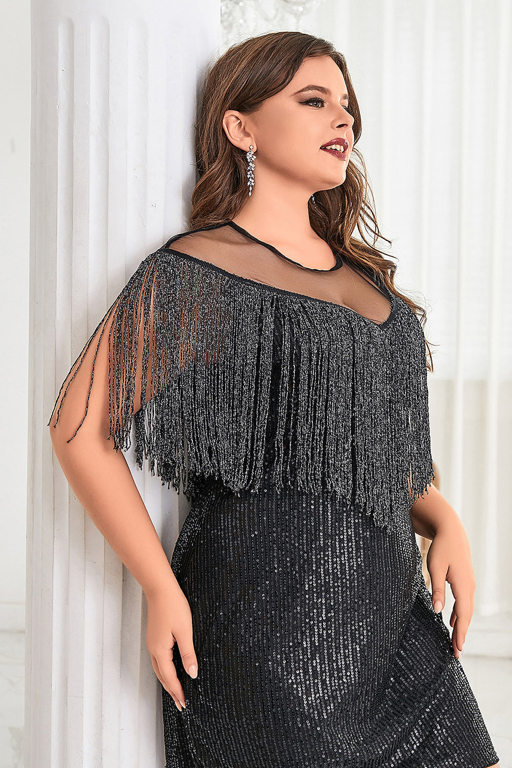 Sparkly Black Sequins Illusion Neck Short Plus Size Cocktail Dress with Fringes