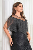 Sparkly Black Sequins Illusion Neck Short Plus Size Cocktail Dress with Fringes