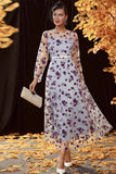 Sliver Floral Tulle A Line Long Mother of the Bride Dress with Long Sleeves