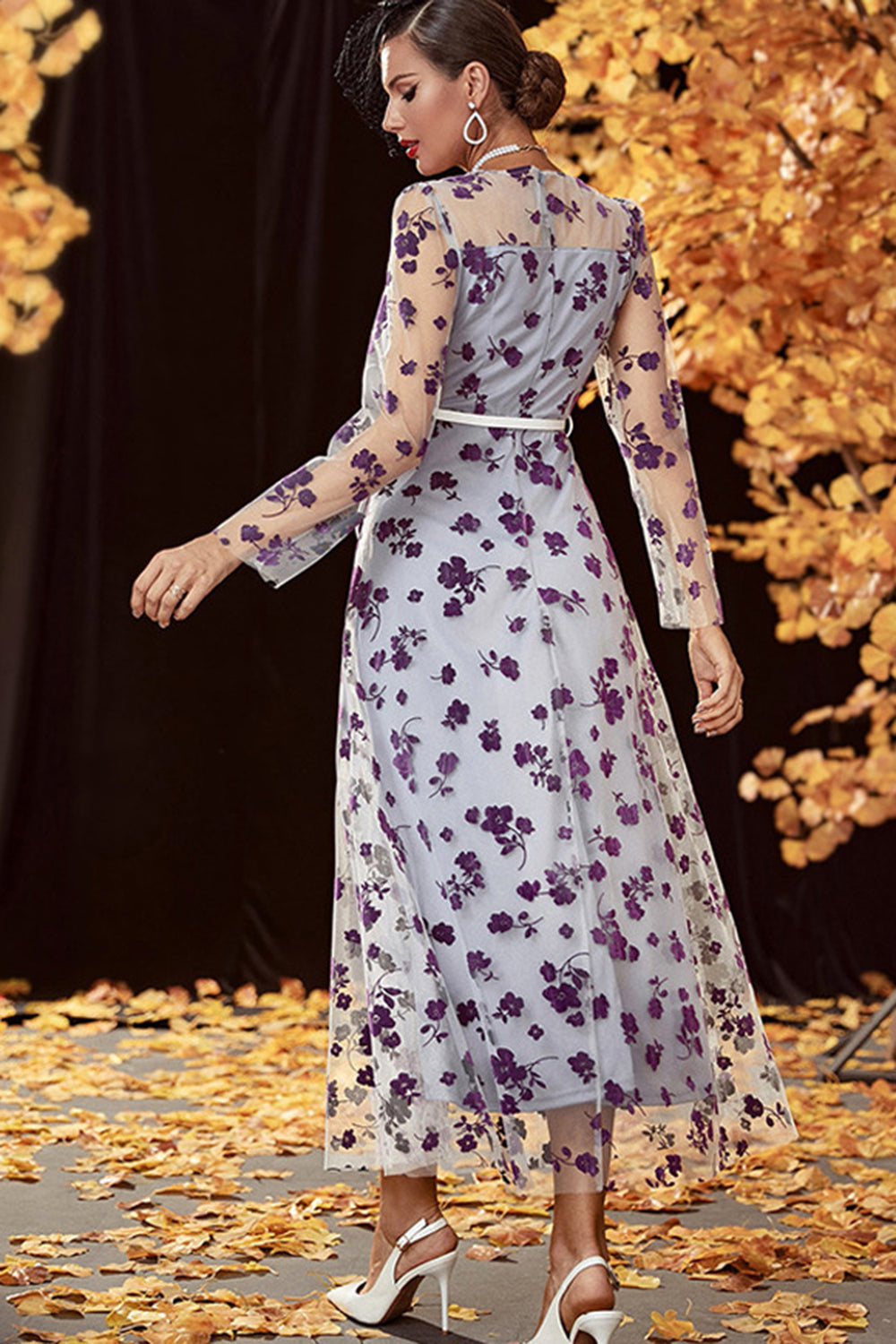 Sliver Floral Tulle A Line Long Mother of the Bride Dress with Long Sleeves