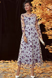 Sliver Floral Tulle A Line Long Mother of the Bride Dress with Long Sleeves
