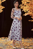 Sliver Floral Tulle A Line Long Mother of the Bride Dress with Long Sleeves
