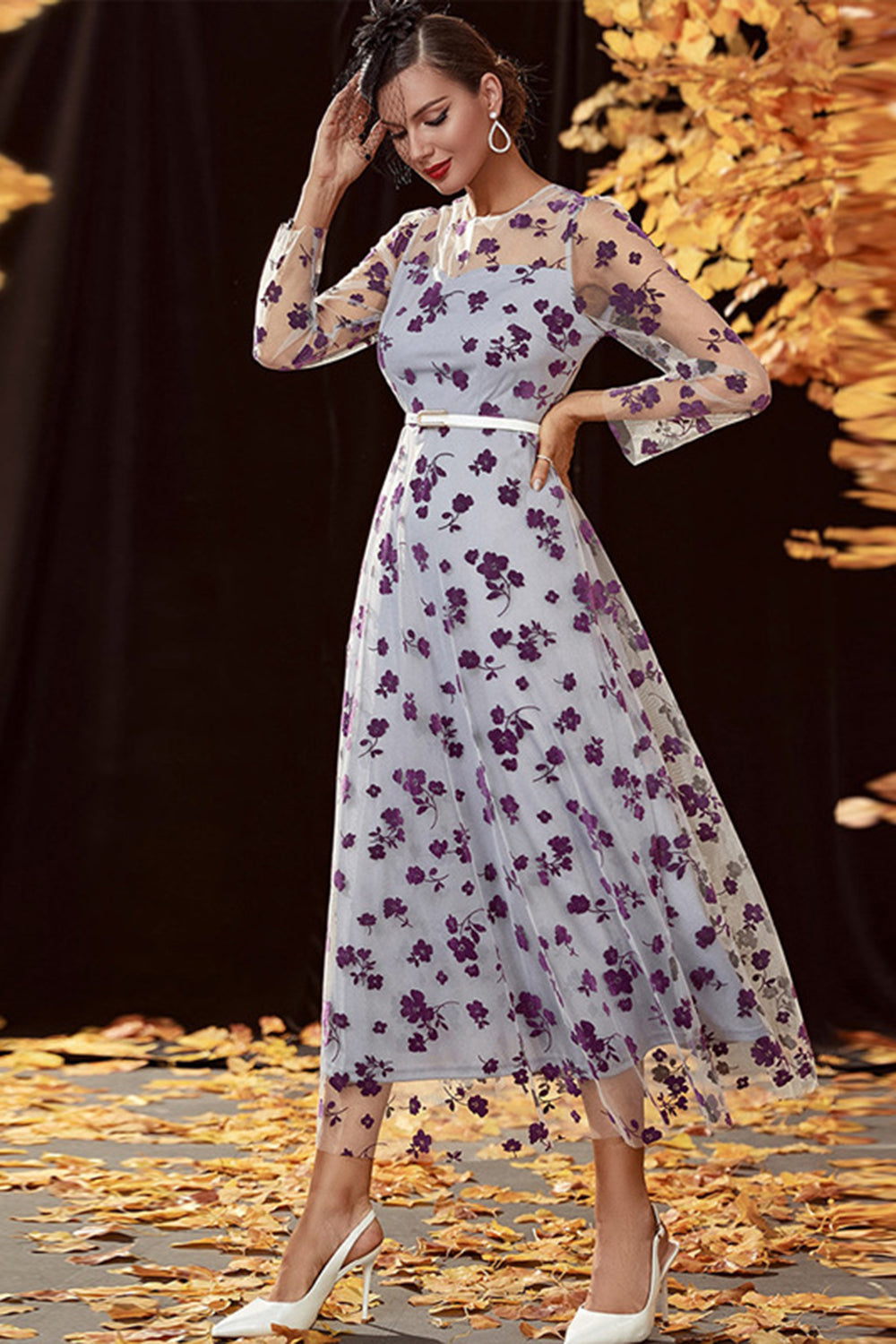 Sliver Floral Tulle A Line Long Mother of the Bride Dress with Long Sleeves