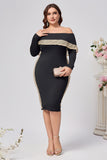 Black Satin Bodycon Long Sleeves Plus Size Midi Mother of the Bride Dress