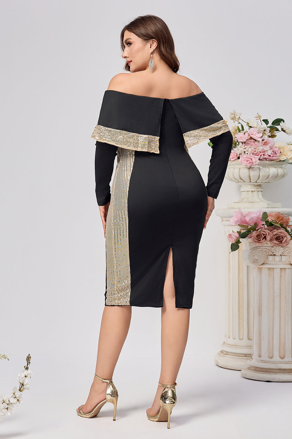 Black Satin Bodycon Long Sleeves Plus Size Midi Mother of the Bride Dress