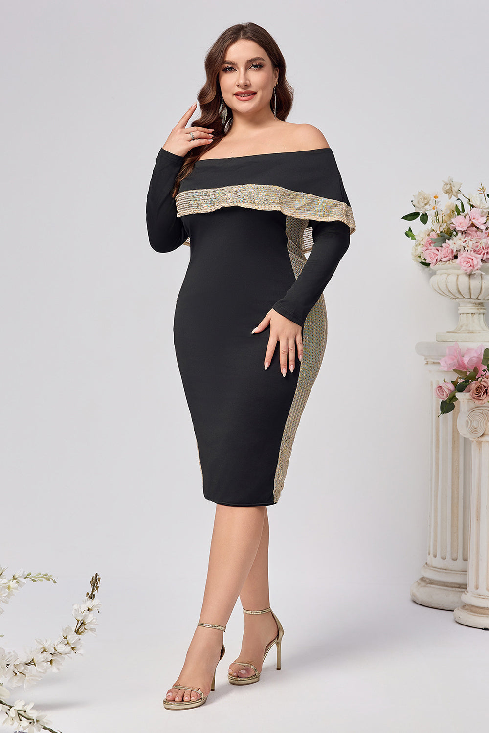 Black Satin Bodycon Long Sleeves Plus Size Midi Mother of the Bride Dress
