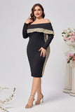 Black Satin Bodycon Long Sleeves Plus Size Midi Mother of the Bride Dress