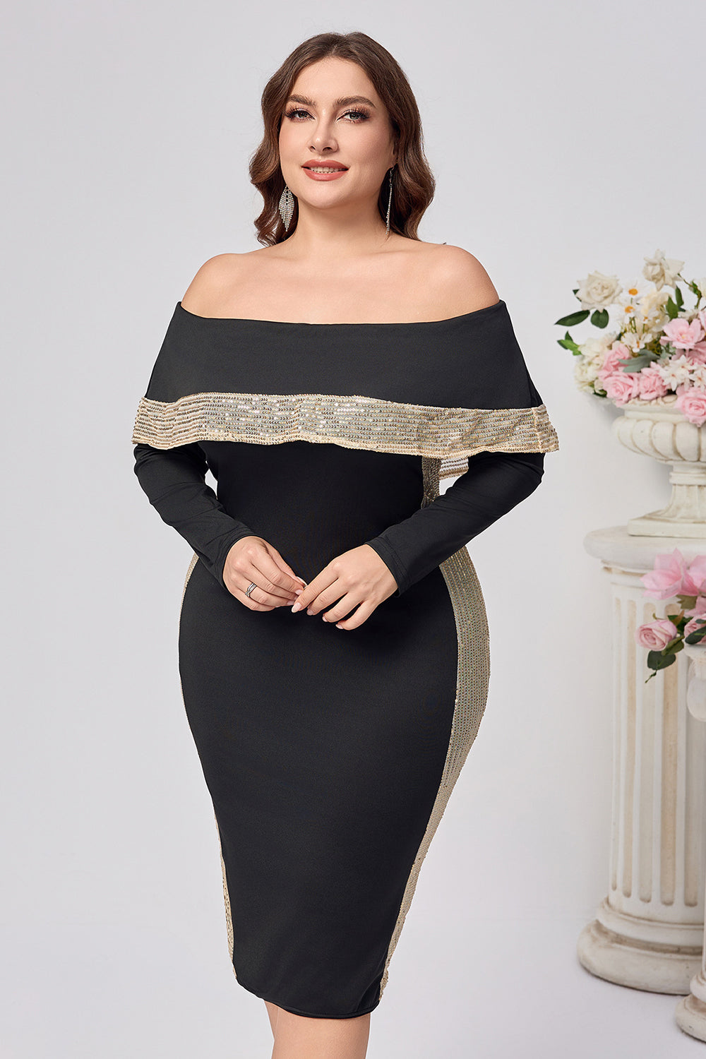 Black Satin Bodycon Long Sleeves Plus Size Midi Mother of the Bride Dress