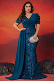 Sparky Blue Mermaid Plus Size Long Mother of the Bride Dress with Side Cape