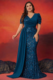 Sparky Blue Mermaid Plus Size Long Mother of the Bride Dress with Side Cape