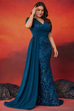Sparky Blue Mermaid Plus Size Long Mother of the Bride Dress with Side Cape