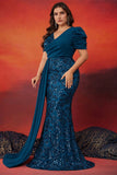 Sparky Blue Mermaid Plus Size Long Mother of the Bride Dress with Side Cape