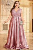 Blush Pink Satin A Line Plus Size Long Mother Of The Bride Dress
