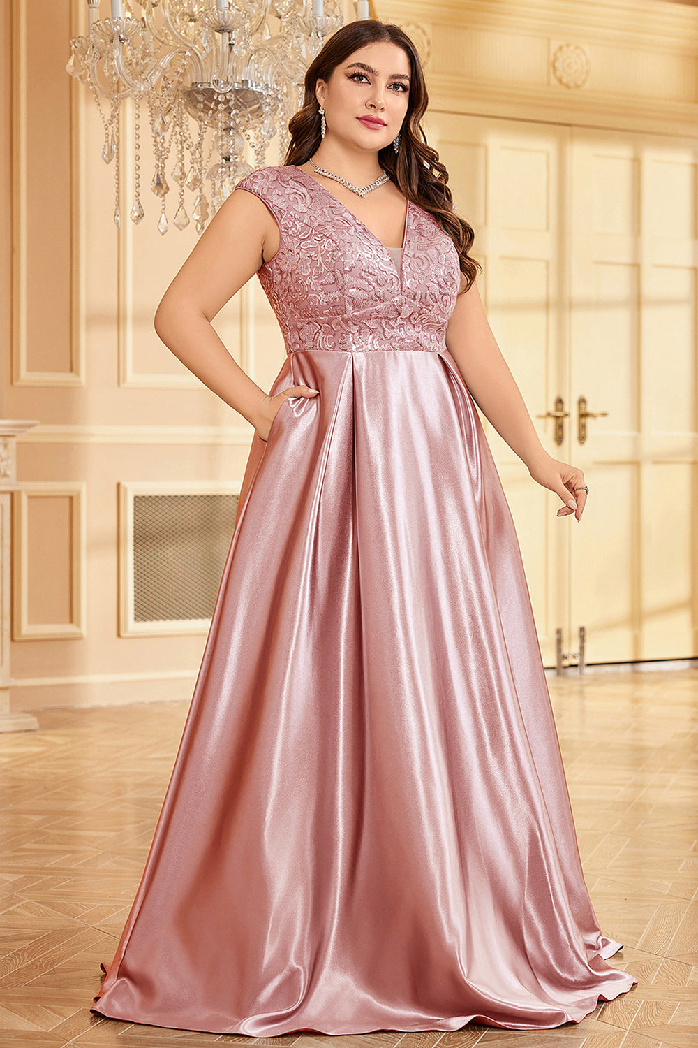 Blush Pink Satin A Line Plus Size Long Mother Of The Bride Dress
