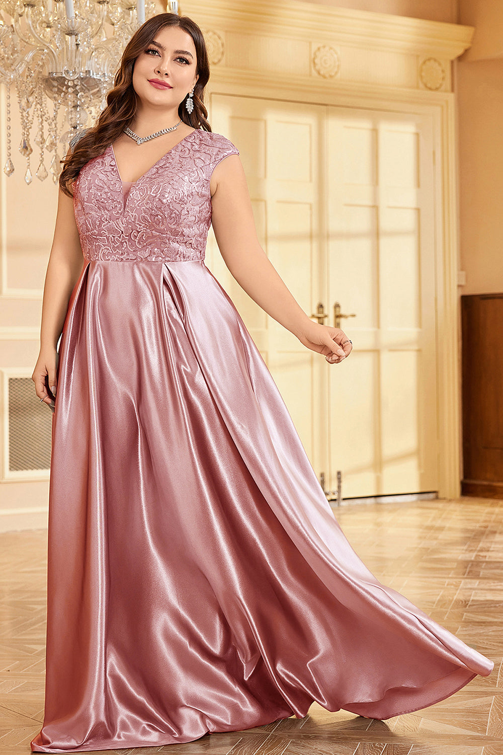 Blush Pink Satin A Line Plus Size Long Mother Of The Bride Dress