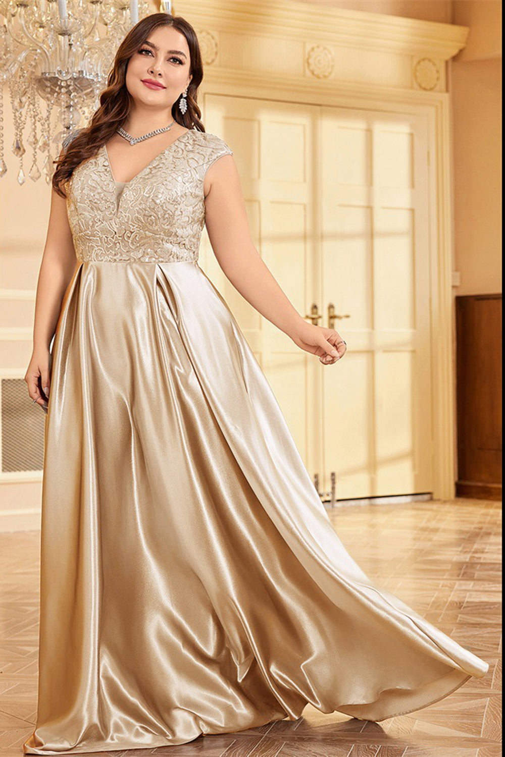 Blush Pink Satin A Line Plus Size Long Mother Of The Bride Dress