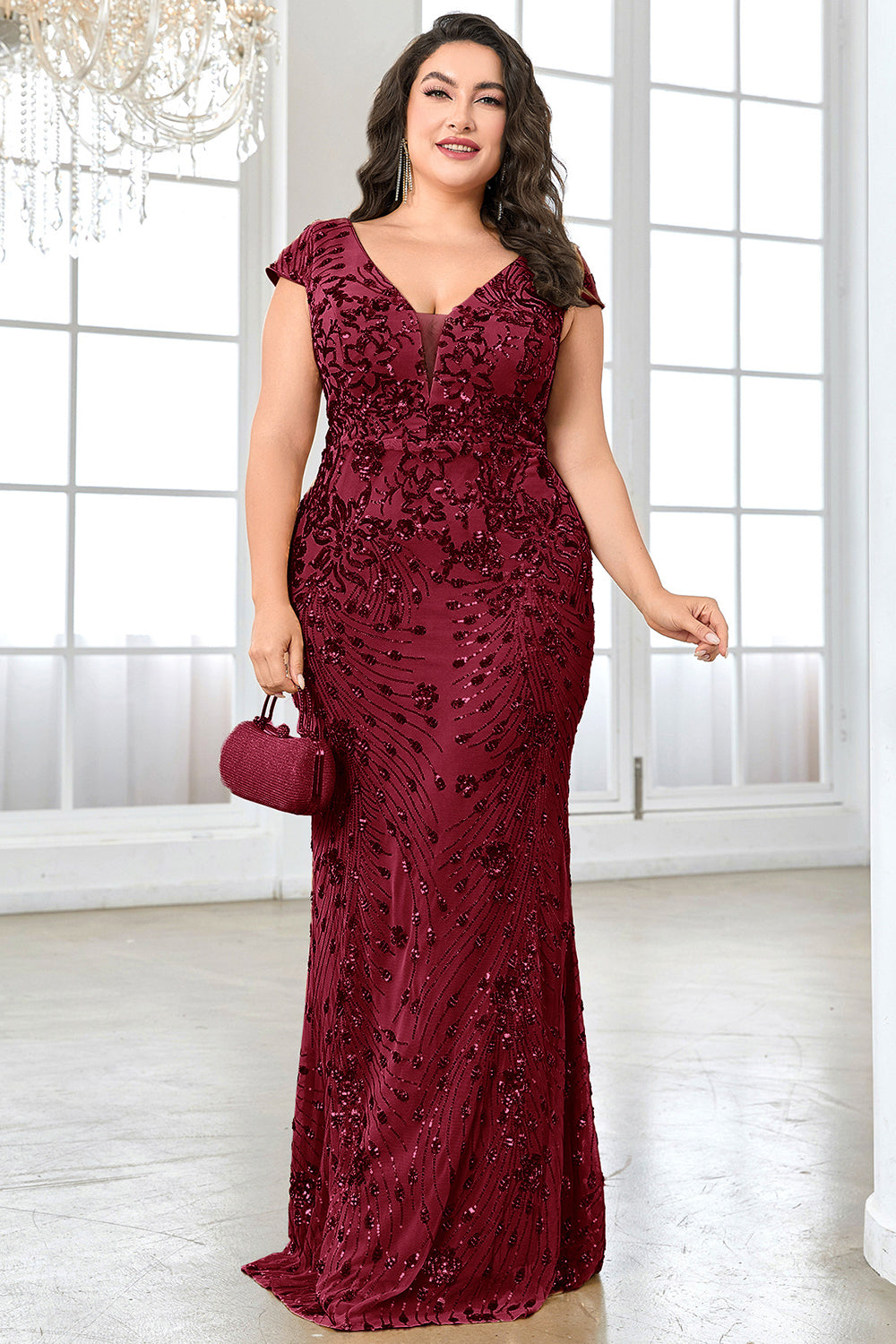 Sparkly Burgundy Floral V Neck Plus Size Long Mother of the Bride Dress