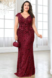 Sparkly Burgundy Floral V Neck Plus Size Long Mother of the Bride Dress