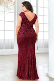 Sparkly Burgundy Floral V Neck Plus Size Long Mother of the Bride Dress