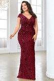 Sparkly Burgundy Floral V Neck Plus Size Long Mother of the Bride Dress