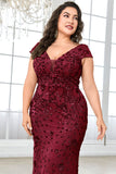 Sparkly Burgundy Floral V Neck Plus Size Long Mother of the Bride Dress