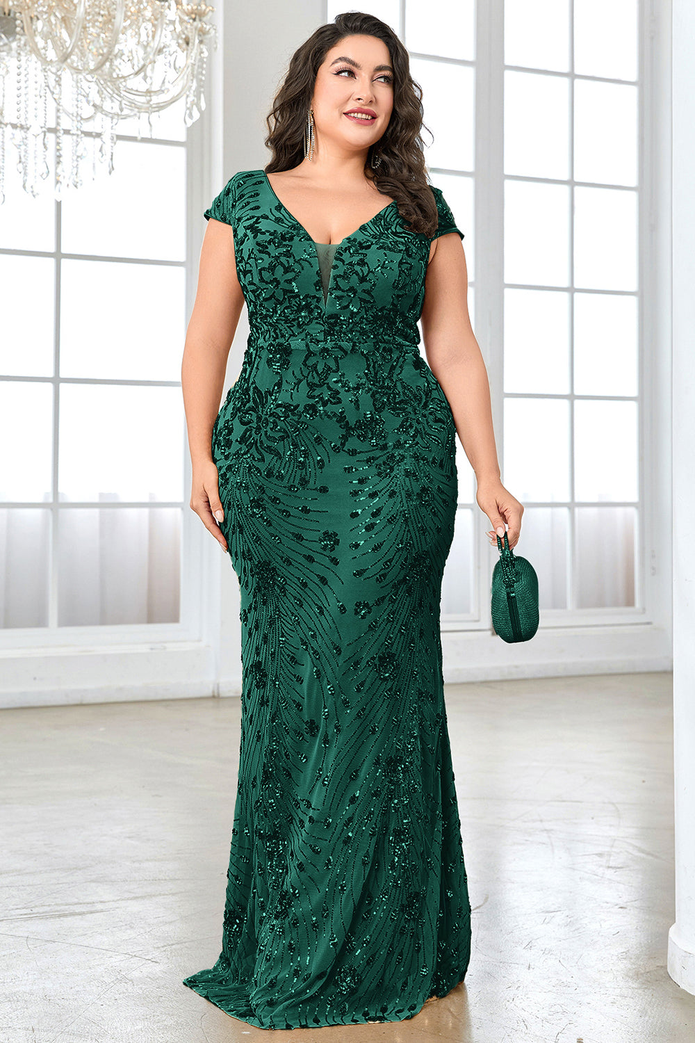 Sparkly Burgundy Floral V Neck Plus Size Long Mother of the Bride Dress