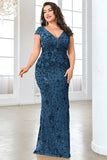 Sparkly Burgundy Floral V Neck Plus Size Long Mother of the Bride Dress