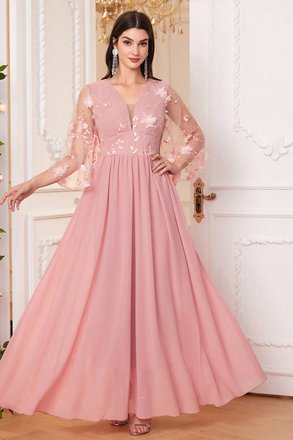 Blush Pink Chiffon A Line Long Sleeves Mother Of The Bride Dress With Flowers