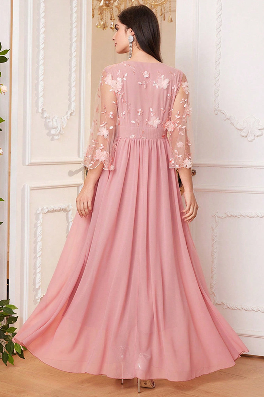 Blush Pink Chiffon A Line Long Sleeves Mother Of The Bride Dress With Flowers