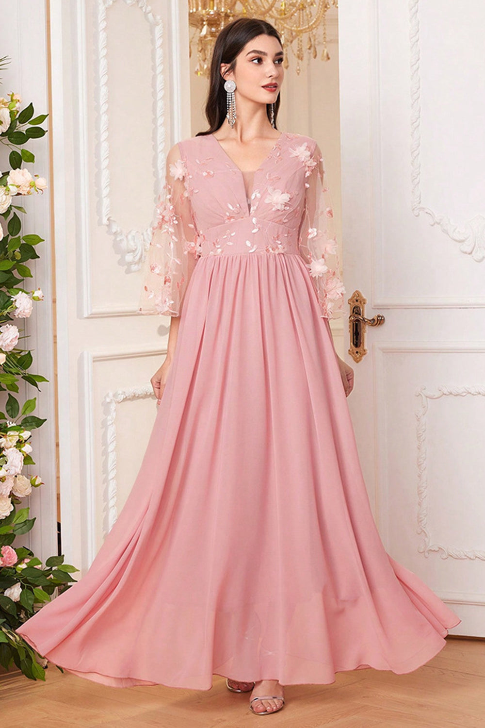 Blush Pink Chiffon A Line Long Sleeves Mother Of The Bride Dress With Flowers