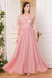 Blush Pink Chiffon A Line Long Sleeves Mother Of The Bride Dress With Flowers