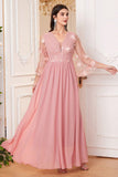 Blush Pink Chiffon A Line Long Sleeves Mother Of The Bride Dress With Flowers