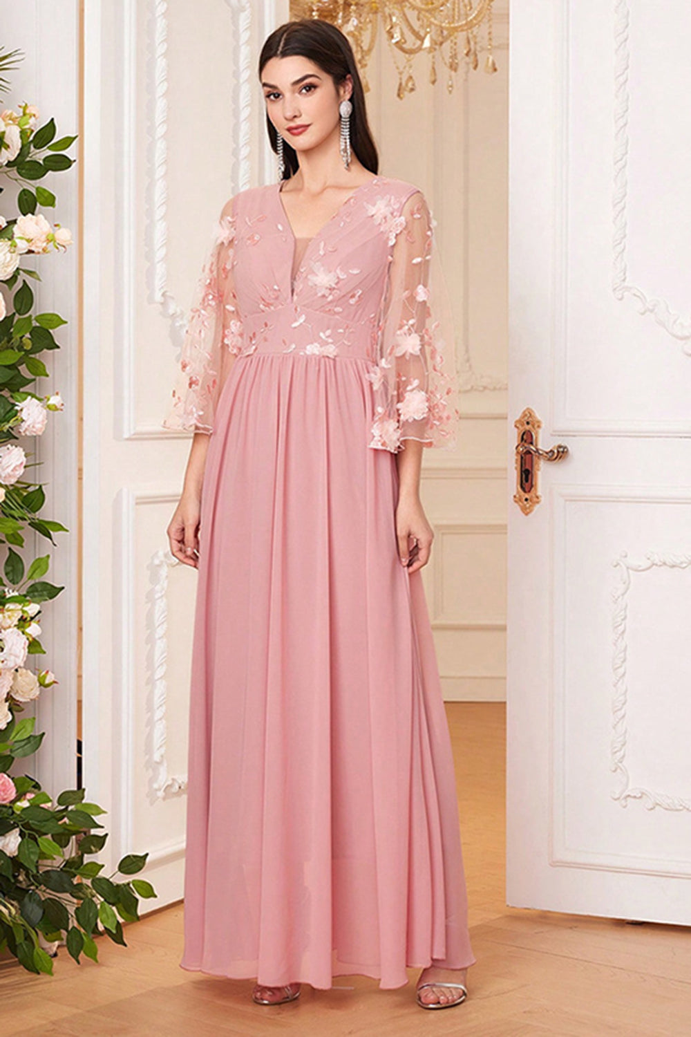Blush Pink Chiffon A Line Long Sleeves Mother Of The Bride Dress With Flowers