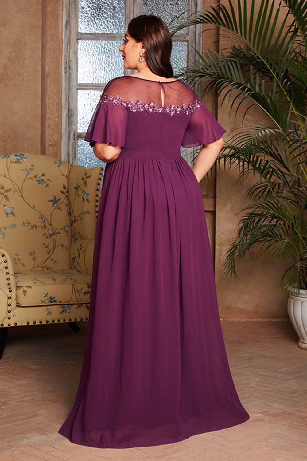 Grape Chiffon Boat Neck Long Mother of the Bride Dress