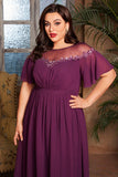 Grape Chiffon Boat Neck Long Mother of the Bride Dress