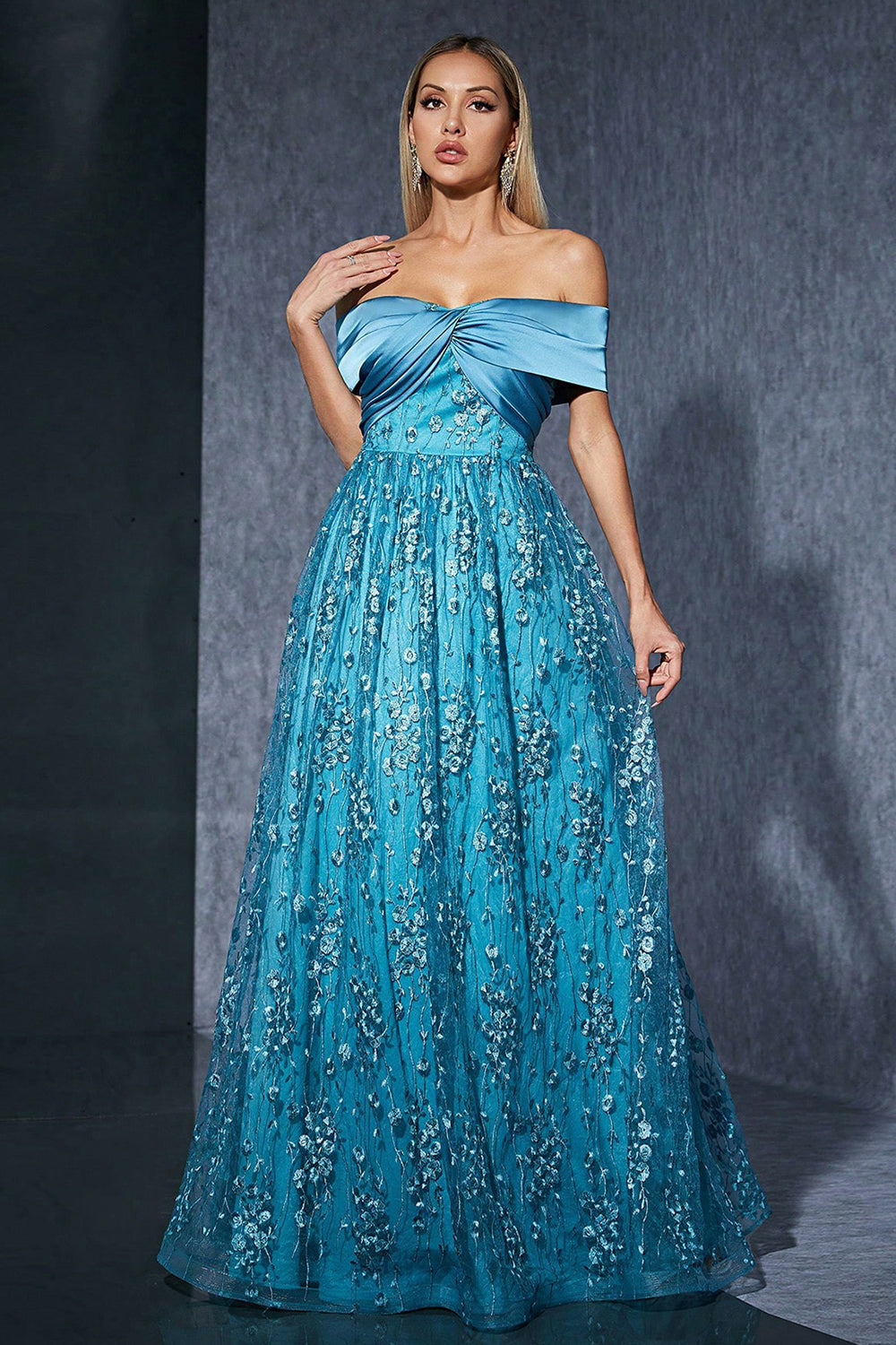 Blue Tulle Off the Shoulder Long Mother of the Bride Dress with Appliques