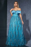 Blue Tulle Off the Shoulder Long Mother of the Bride Dress with Appliques