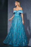 Blue Tulle Off the Shoulder Long Mother of the Bride Dress with Appliques