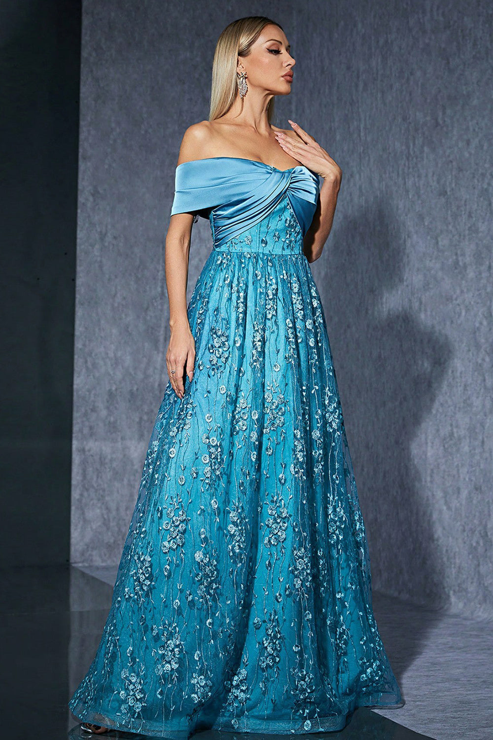 Blue Tulle Off the Shoulder Long Mother of the Bride Dress with Appliques