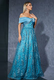 Blue Tulle Off the Shoulder Long Mother of the Bride Dress with Appliques