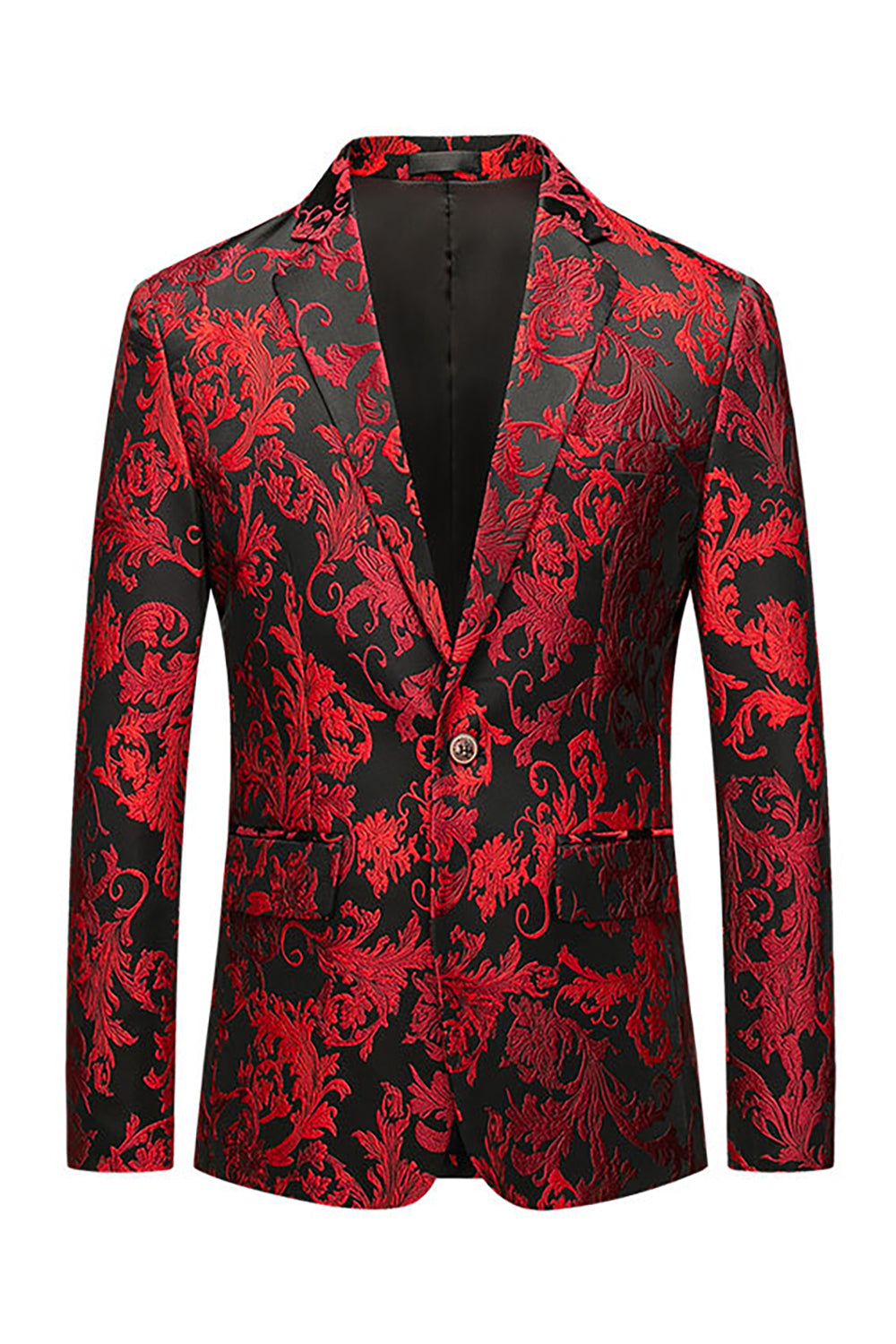 Red Floral Printed Notched Lapel Slim Fit Men's Formal Blazer