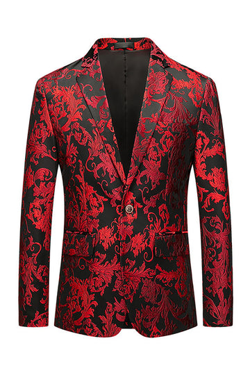 Red Floral Printed Notched Lapel Slim Fit Men's Formal Blazer
