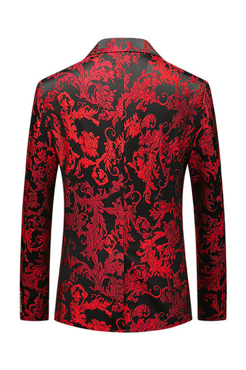 Red Floral Printed Notched Lapel Slim Fit Men's Formal Blazer