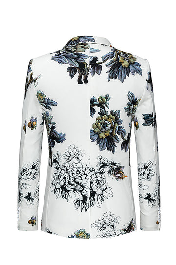 Floral White Slim Fit Notched Lapel Men's Formal Blazer