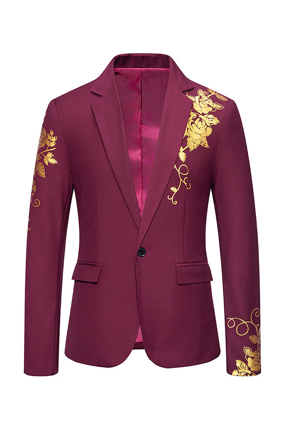 Burgundy Flower Print One Button Notched Lapel Men's Formal Blazer