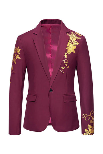 Burgundy Flower Print One Button Notched Lapel Men's Formal Blazer